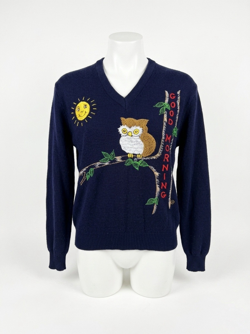 Vintage 1970s Shirlee Designs Cyn-Les Navy Owl Embroidered Sweater Good Morning